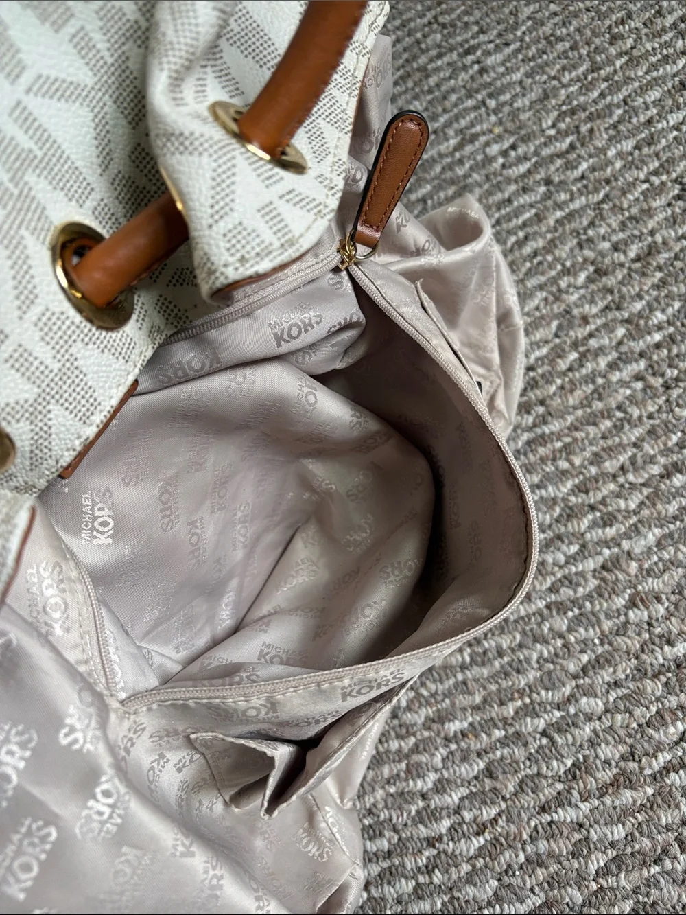 Michael Kors Cream MK Logo Ring Tote with Brown Leather Handles